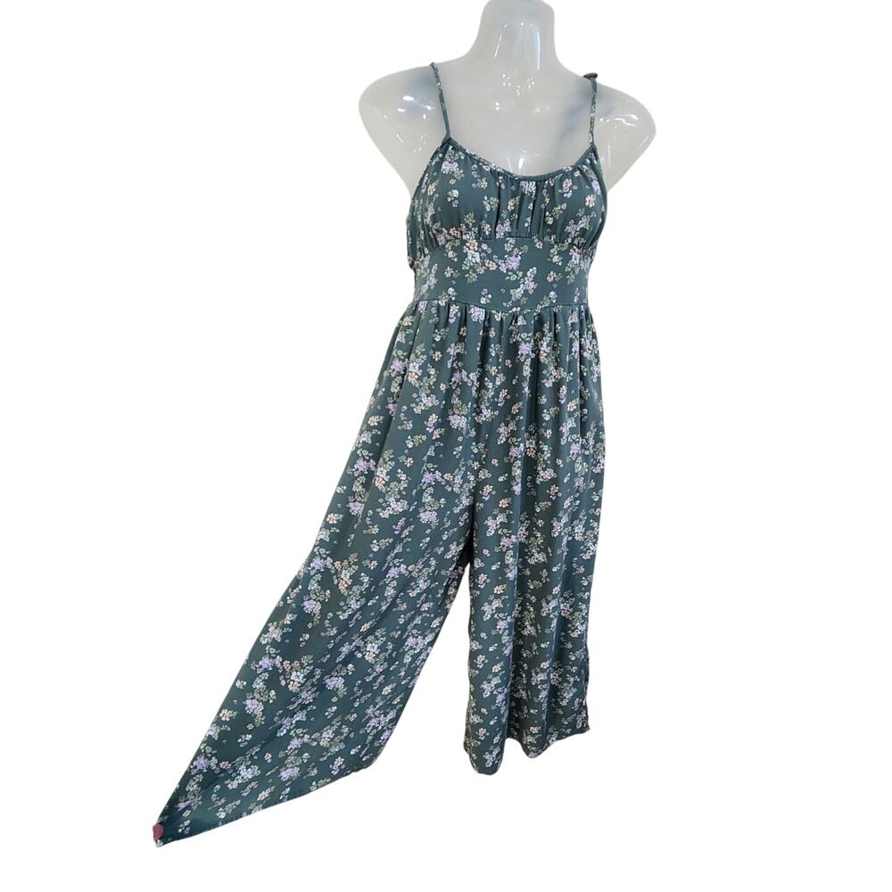 Arizona Jean Co. Floral Tie Strap Smocked Jumpsuit With Pocket Green Size Small